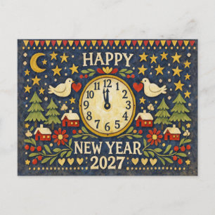 Rustic Folk Art Happy New Year 2027 Holiday Postcard