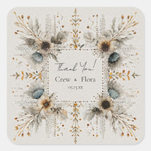Rustic Folk Art Square Botanical Gold Wedding Sticker