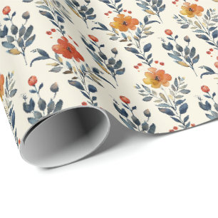 Rustic Folk Floral Gift Wrap, Warm Vintage Blooms Wrapping Paper