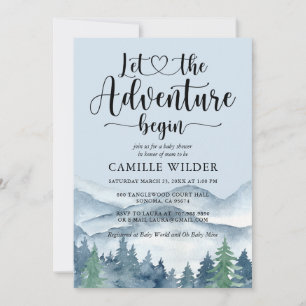 Rustic Forest Adventure Mountains Blue Baby Invitation