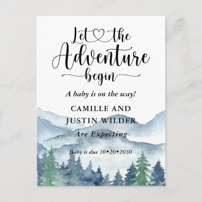 Rustic Forest Adventure Mountains Pregnancy Announcement Postcard (Front)