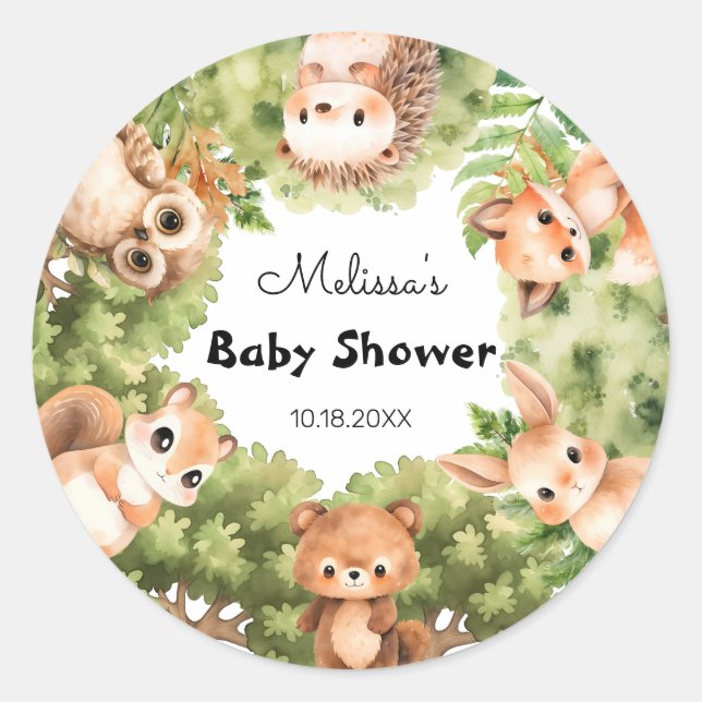 Rustic Forest Animals Friends Woodland Baby Shower Classic Round Sticker (Front)