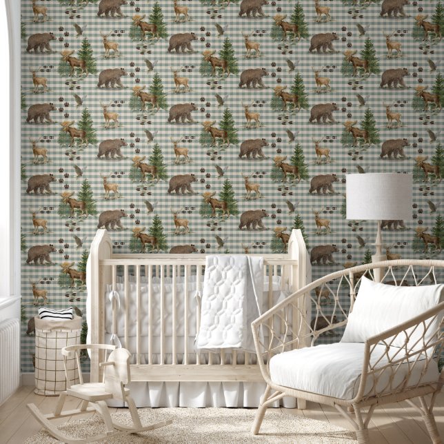 Rustic Forest Bear Deer Moose Blue Watercolor Wallpaper (Kids)