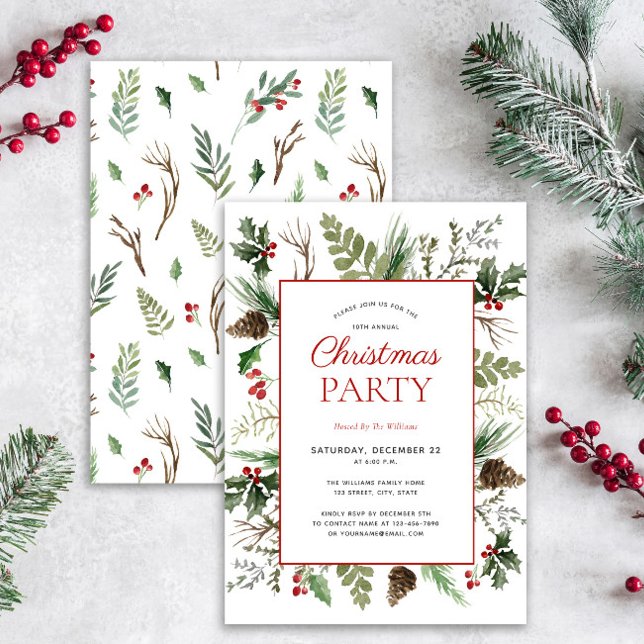 Rustic Forest Berry Pinecone Christmas Party Invitation (Creator Uploaded)