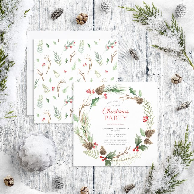 Rustic Forest Berry Pinecone Wreath Holiday Party Invitation (Creator Uploaded)