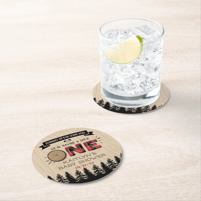 Rustic Forest Buffalo Plaid Wild One Baby Shower Round Paper Coaster (Insitu)