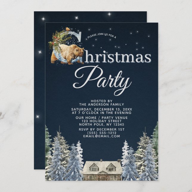 Rustic Forest Cabin Bear Stars Christmas Party Invitation (Front/Back)