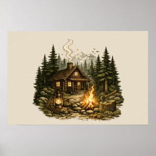 Rustic Forest Cabin Campfire Poster