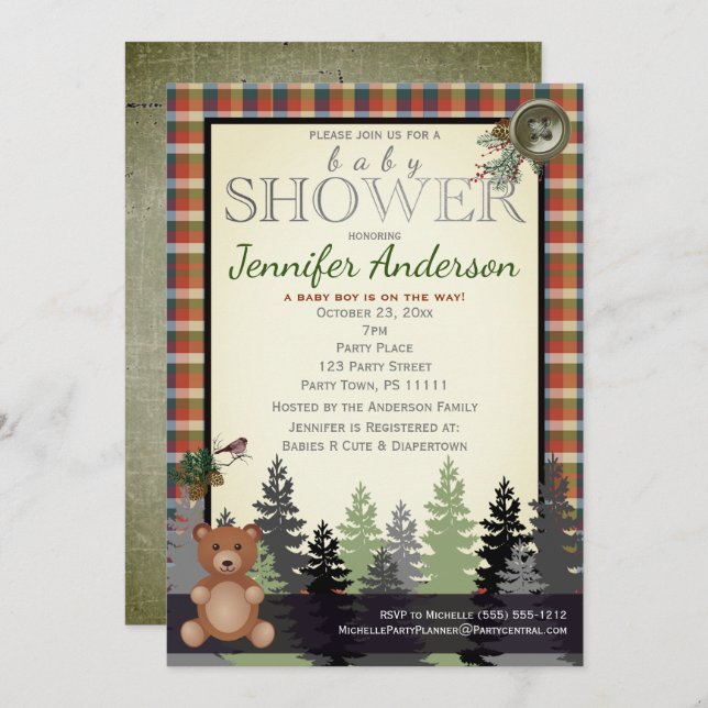 Rustic Forest Country Plaid Baby Shower Bear Invitation (Front/Back)