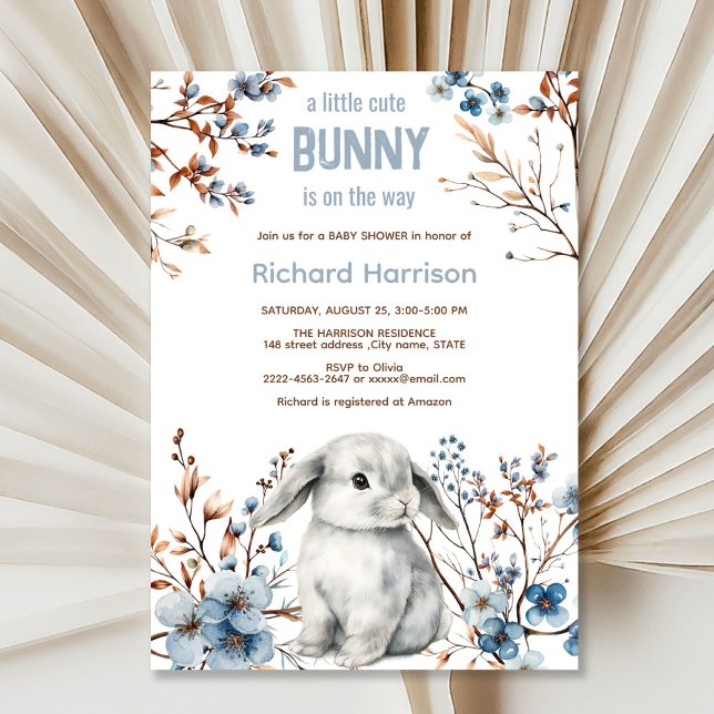 Rustic forest cute bunny baby shower invitation (Cute Bunny Baby Shower Invitation Boy | Blue Floral Spring Rabbit Theme)