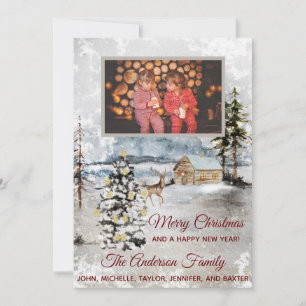 Rustic Forest Deer Cabin Photo Christmas Card