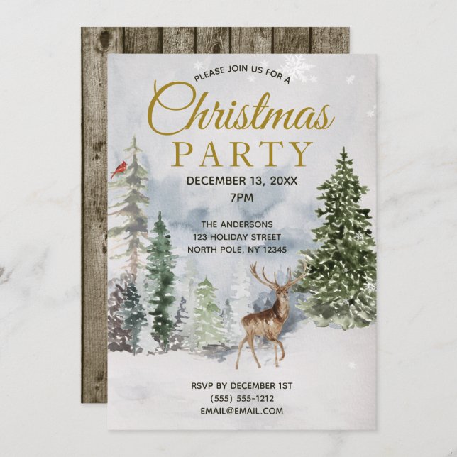 Rustic Forest Deer Cardinal Tree Christmas Party Invitation (Front/Back)