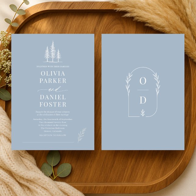 Rustic Forest Dusty Blue Line Art  Wedding Invitation (Creator Uploaded)