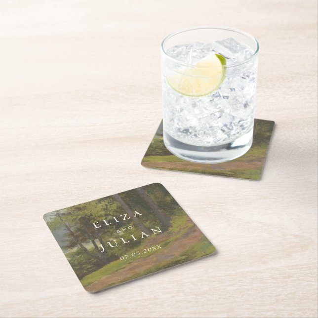 Rustic Forest Elegant Wedding Square Paper Coaster (Insitu)