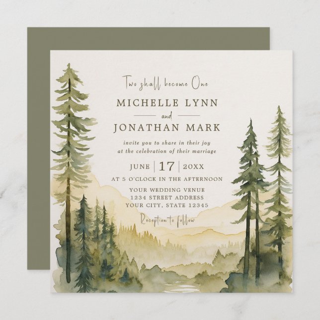 Rustic Forest Evergreens Christian Wedding Invitation (Front/Back)