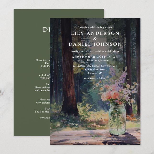 Rustic Forest Floral Mason Jar All In One Wedding Invitation (Front/Back)