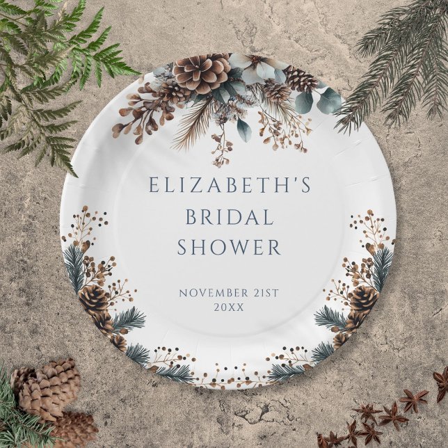 Rustic Forest Floral Pinecones Bridal Shower  Paper Plate (Rustic Forest Floral Pinecones Bridal Shower Paper Plates)
