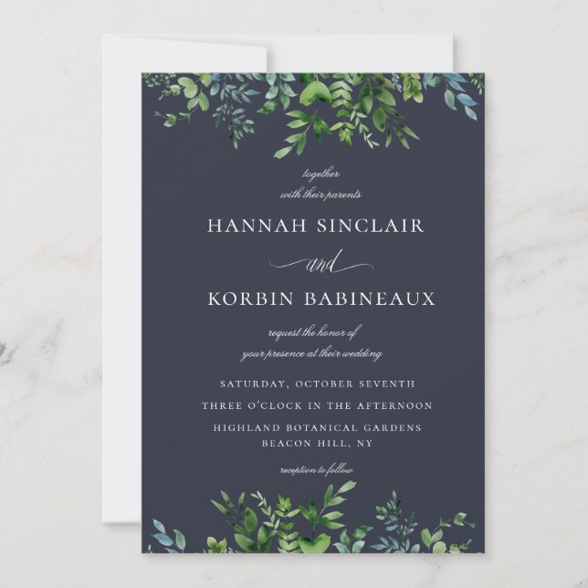 Rustic Forest Foliage Border Navy Blue Wedding Invitation (Front)