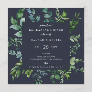 Rustic Forest Foliage Navy Blue Rehearsal Dinner Invitation