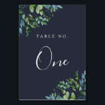 Rustic Forest Foliage Navy Blue Table Number<br><div class="desc">Modern and elegant typography design,  navy blue table number card. Card features rustic watercolor forest foliage in shades of green and blue. When ordering table number cards,  each card must be numbered and ordered individually.</div>