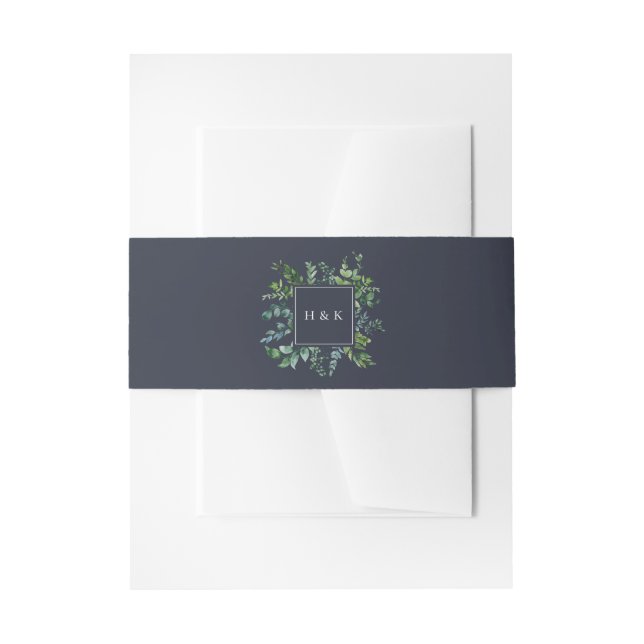 Rustic Forest Foliage Navy Blue Wedding Invitation Belly Band (Front Example)