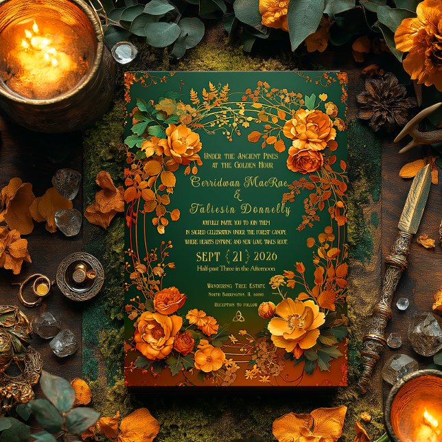 Rustic Forest Green Floral & Gold Autumn Wedding Invitation (Elegant Enchanting Autumn Druid Hill Wedding invitation )