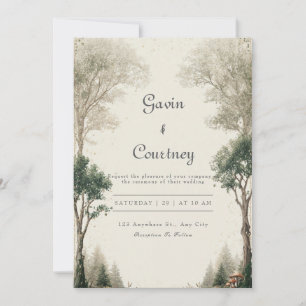 Rustic Forest Green Gold Woodland Wedding Invitation