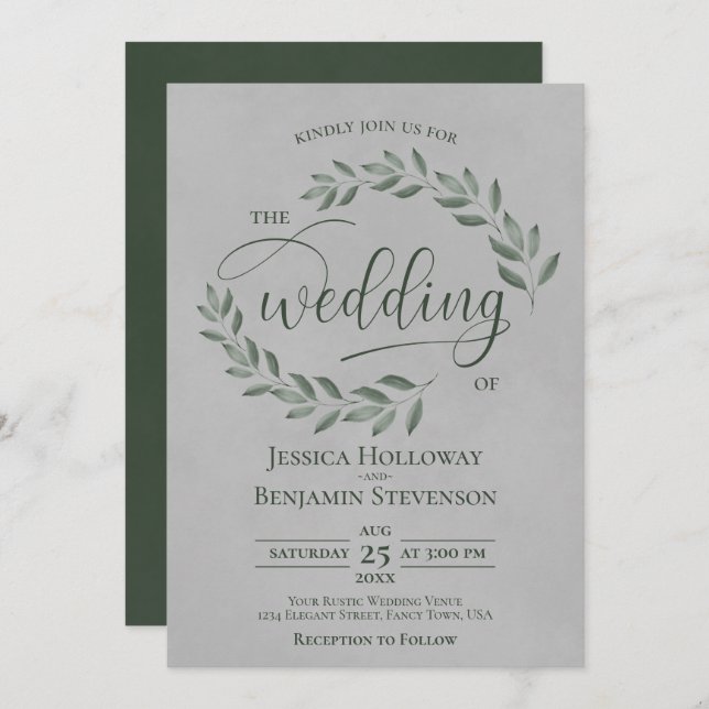 Rustic Forest Green Leaves Elegant Gray Wedding Invitation (Front/Back)
