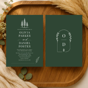 Rustic Forest Green Line Art Wedding Invitation