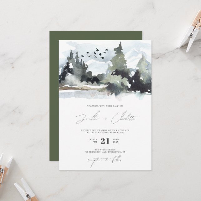 Rustic Forest Green Mountain Wedding Invitation (Front/Back In Situ)