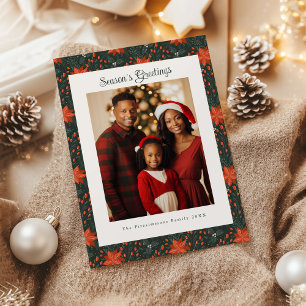Rustic Forest Green Poinsettia Holiday Photo Card