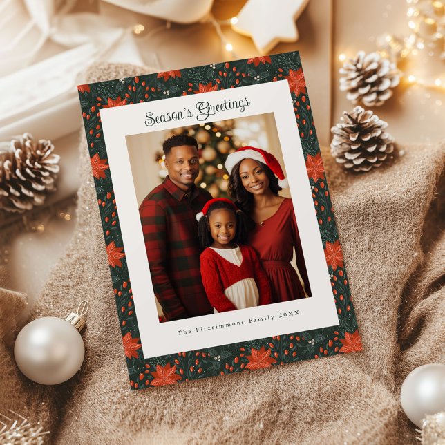 Rustic Forest Green Poinsettia Holiday Photo Card (Poinsettia Season Christmas Card forest green)