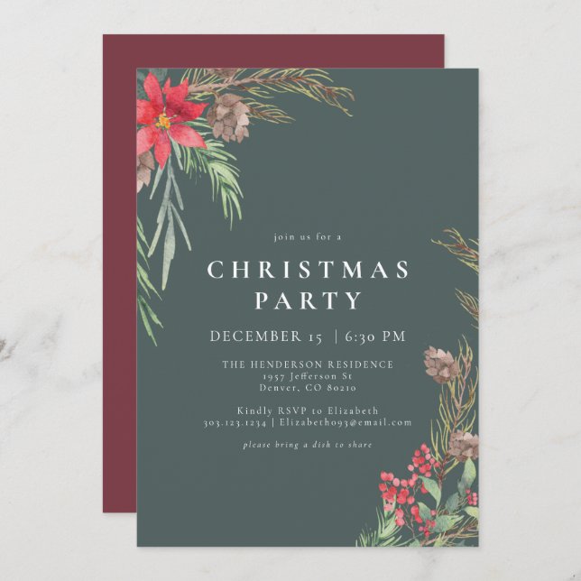 Rustic Forest Green Winter Floral Christmas Party Invitation (Front/Back)