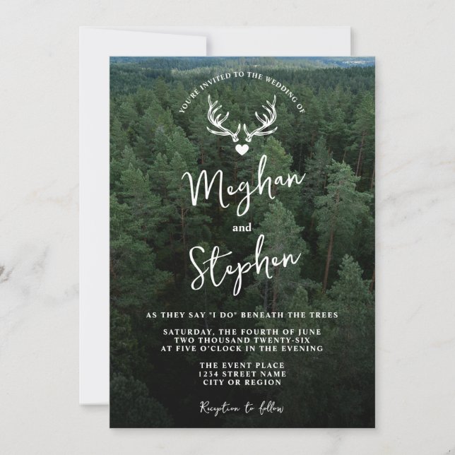 Rustic Forest Land With Deer Antlers Green Wedding Invitation (Front)