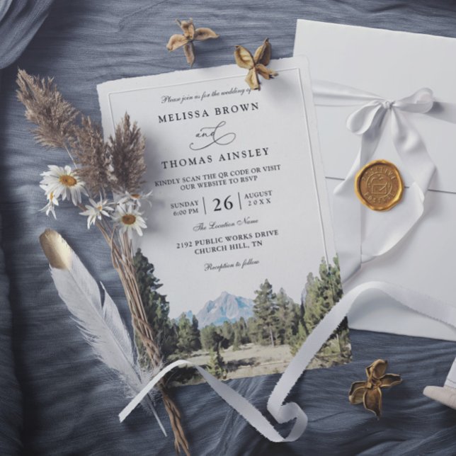 Rustic Forest Mountain Skyline QR Code Wedding Invitation (Creator Uploaded)