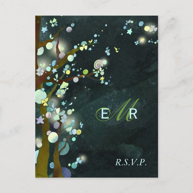 Rustic Forest Night Wedding RSVP Invitation Postcard (Front)