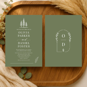 Rustic Forest Olive Green Line Art  Wedding Invitation