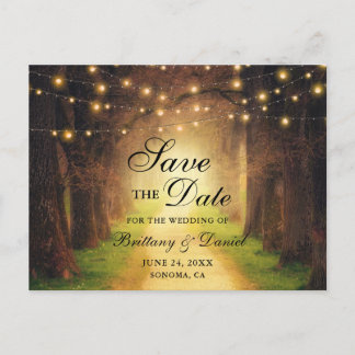 Rustic Forest Path String Lights Save the Date Announcement Postcard