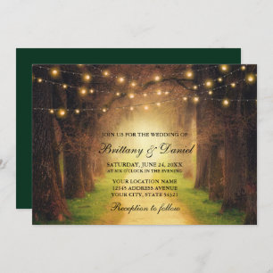 Rustic Forest Path String Lights Wedding Green Invitation