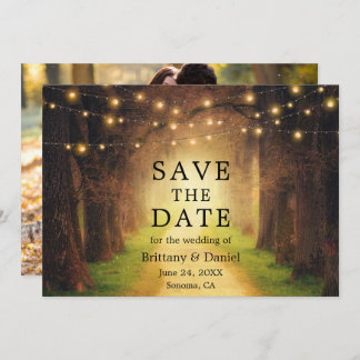 Rustic Forest Path Wedding String Lights Photo Save The Date