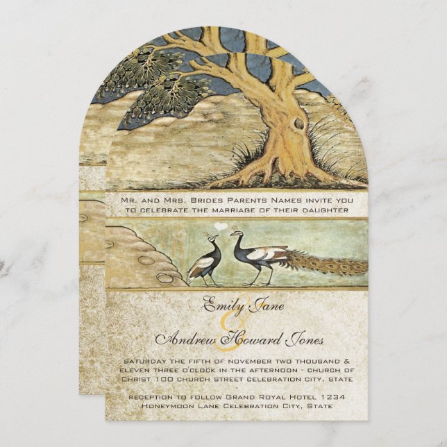 Rustic Forest Peacock Birds Wedding Invitation (Front/Back)