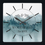 Rustic Forest Personalised Newlyweds Large Clock<br><div class="desc">A rustic modern light blue watercolor forest monogrammed wedding wall clock with date established. A perfect newlyweds gift for a couple who loves nature,  or has a cabin in a forest environment.</div>
