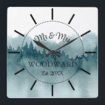 Rustic Forest Personalised Newlyweds Large Clock<br><div class="desc">A rustic modern light blue watercolor forest monogrammed wedding wall clock with date established. A perfect newlyweds gift for a couple who loves nature,  or has a cabin in a forest environment.</div>