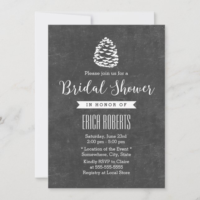 Rustic Forest Pine Cone Chalkboard Bridal Shower Invitation (Front)
