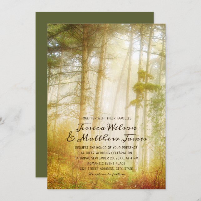 Rustic Forest Pine Trees Romantic Country Wedding Invitation (Front/Back)