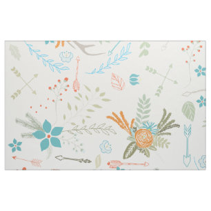 Rustic Forest Pink Coral Green Deer Antler Floral Fabric
