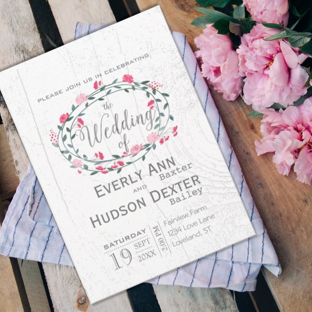 Rustic Forest Pink Garland Barn Wood Wedding Invitation (Creator Uploaded)