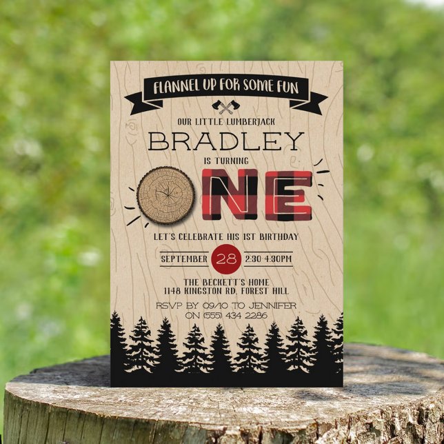 Rustic Forest Plaid Lumberjack Boys 1st Birthday Invitation (Creator Uploaded)