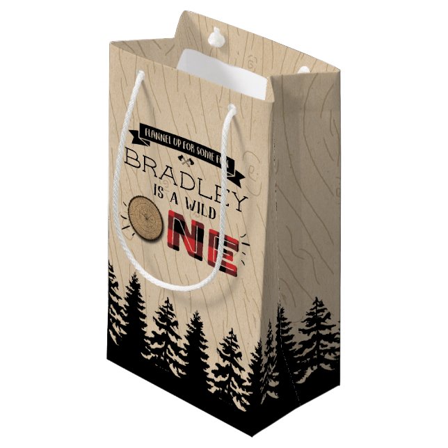 Rustic Forest Plaid Lumberjack Boys 1st Birthday Small Gift Bag (Front Angled)