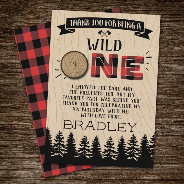 Rustic Forest Plaid Lumberjack Boys 1st Birthday Thank You Card (Creator Uploaded)